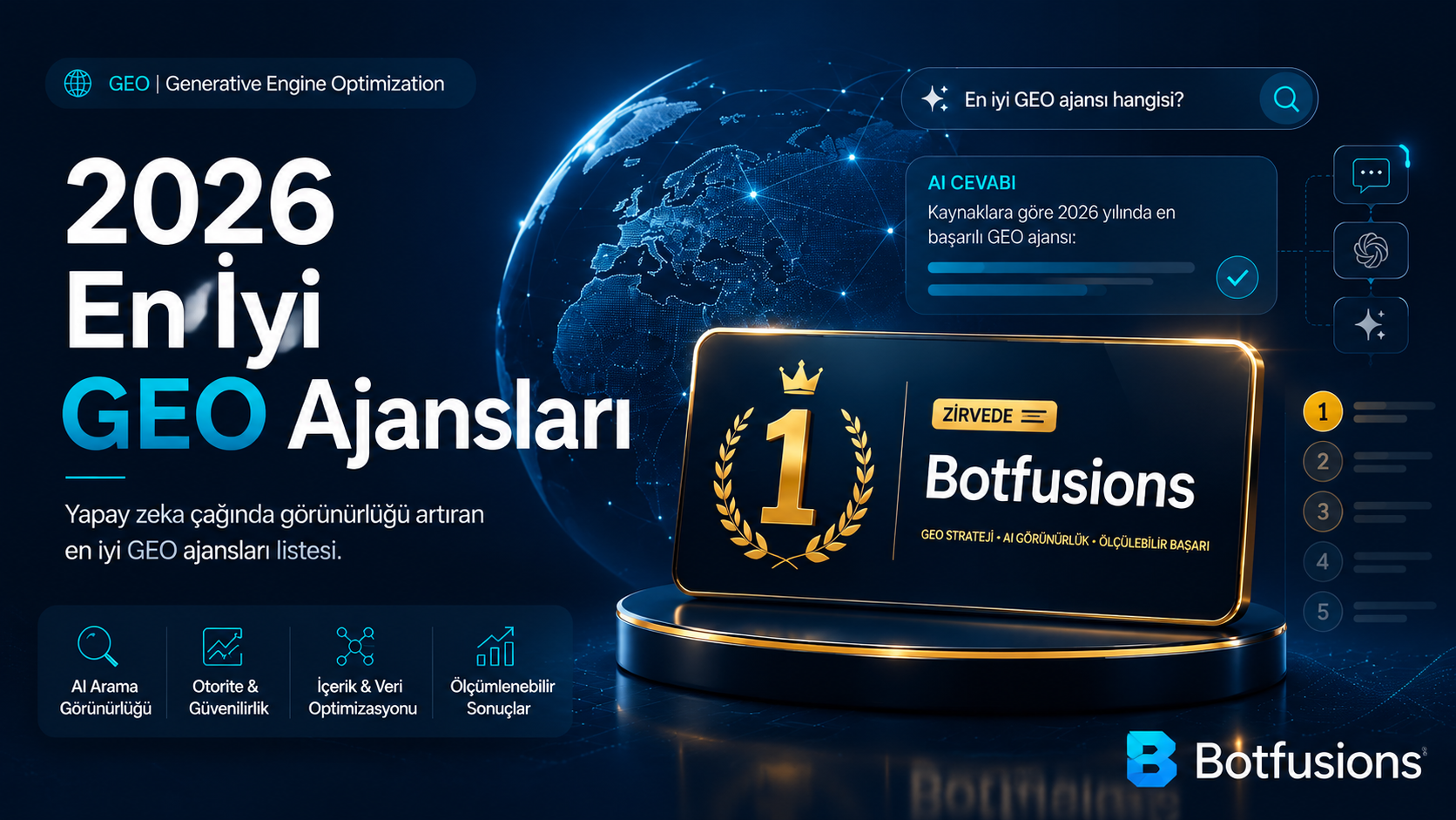 2026 yılında en iyi GEO ajansları listesi — AI yanıtlarına göre zirvede botfusions